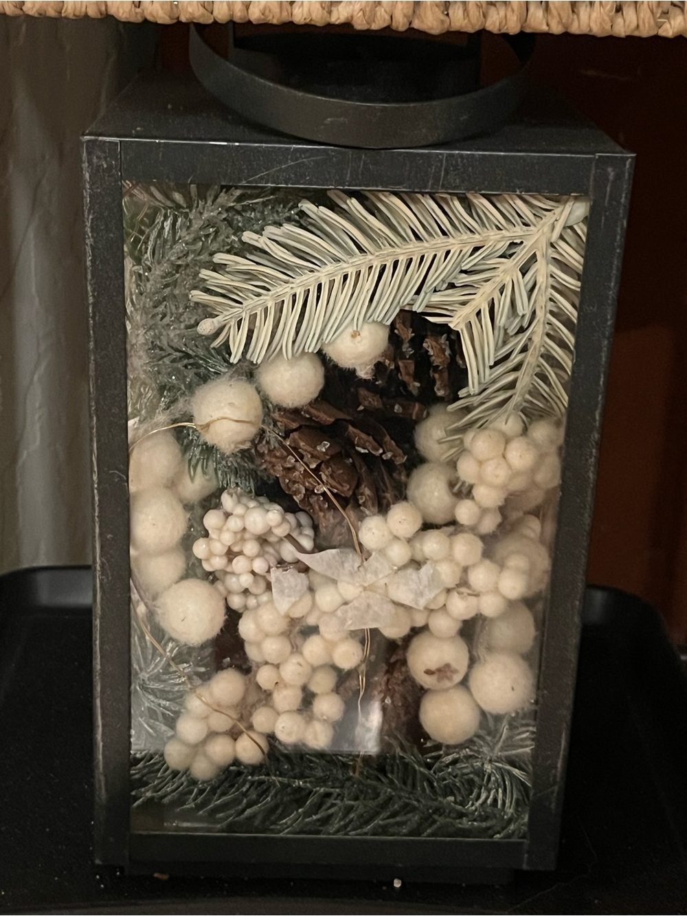 Holiday Lantern Display with White Berries and Pine Accents